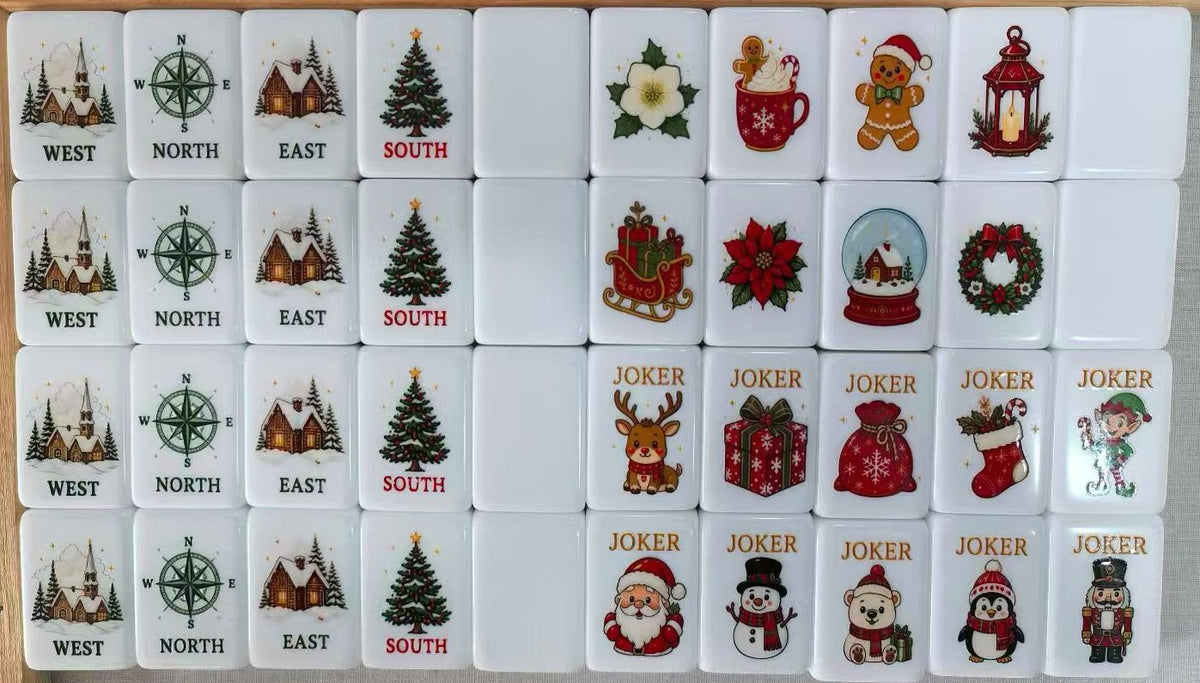 Winds, Flowers, blank tiles and ten Christmas Jokers from the Candy Cane Christmas American Mahjong set on a wooden rack