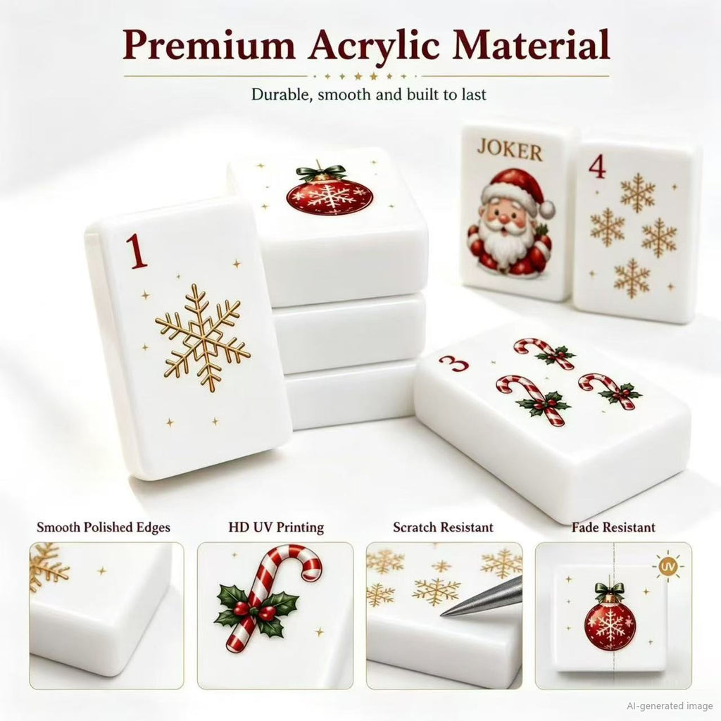 AI-generated rendering of the white acrylic Christmas Mahjong tiles and their UV-printed artwork