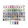 Pearl Oysters American mahjong tiles with pale faces, red characters, green bamboo, blue dots and turtle, butterfly, dice and rainbow Jokers
