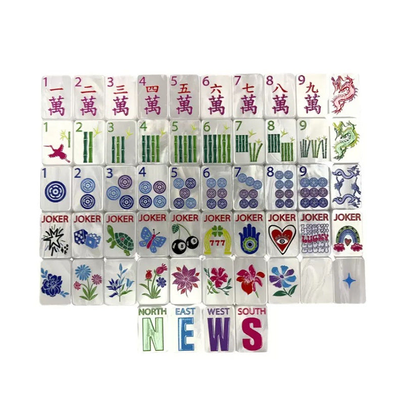 Pearl Oysters American mahjong tiles with pale faces, red characters, green bamboo, blue dots and turtle, butterfly, dice and rainbow Jokers