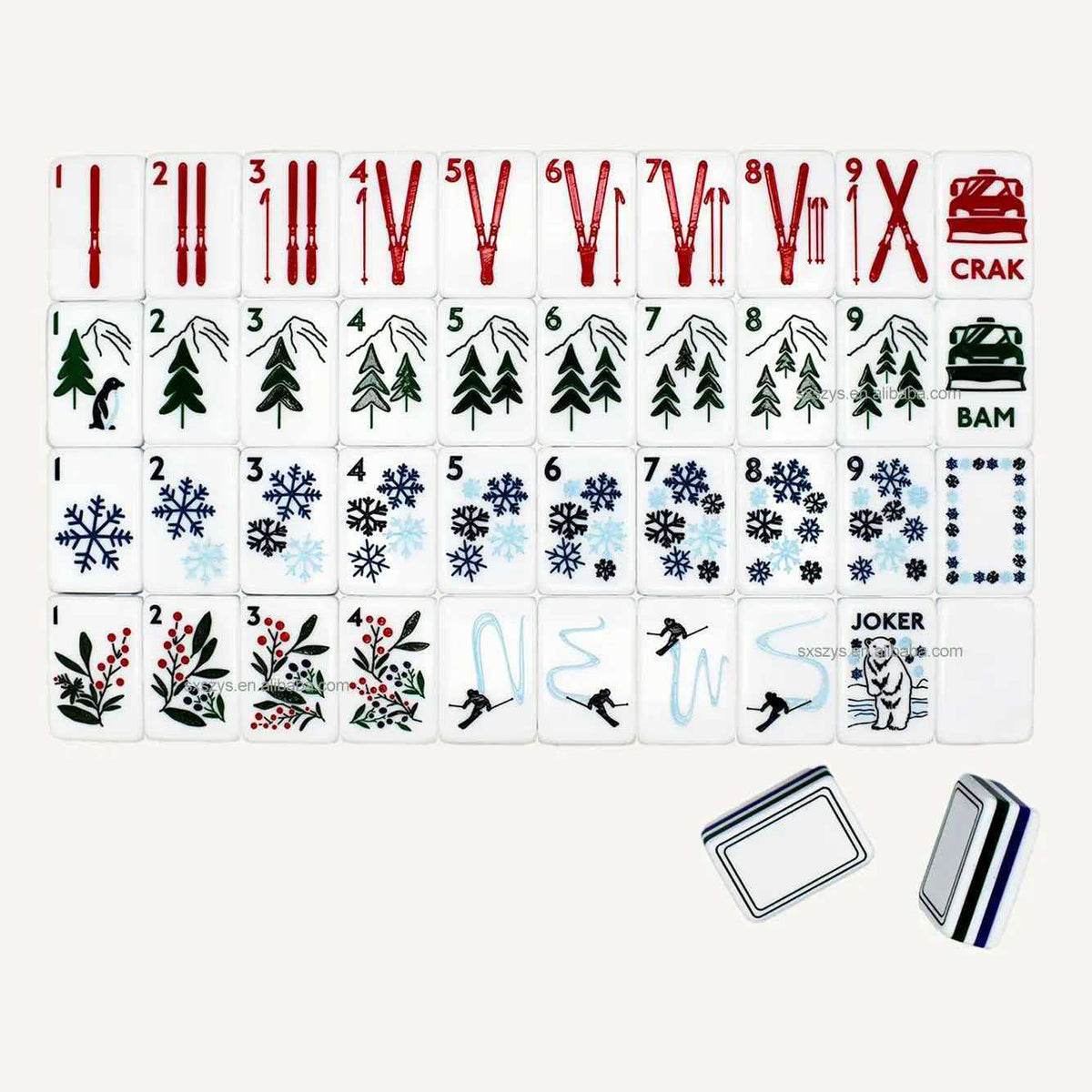 Winter Skiing American mahjong tiles with red skis, green evergreen trees, blue snowflakes and a polar-bear Joker on white faces