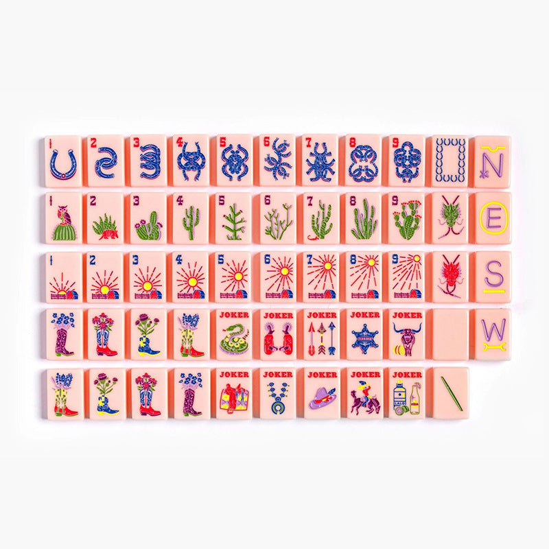 Pink Farm American mahjong tiles with pink faces, horseshoes, green cacti, sunrise patterns and floral cowboy boots