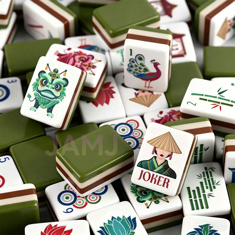 Olive Green Lion Dance & Peacock American Mahjong Set