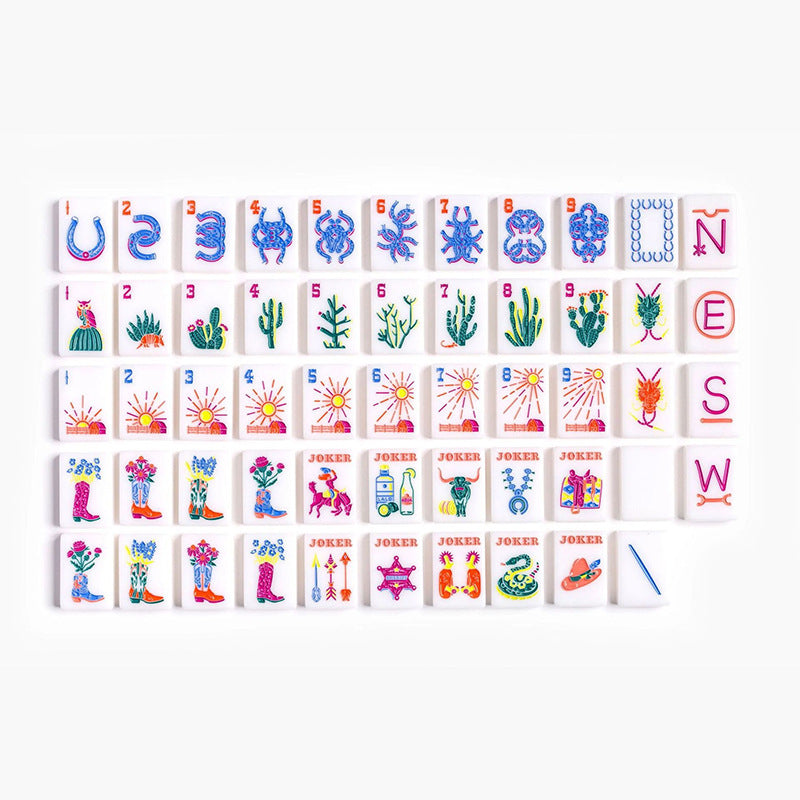 White Farm American mahjong tiles with white faces, horseshoes, green cacti, sunrise patterns and floral cowboy boots