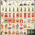 Green New York American mahjong tiles with Empire State Building silhouettes, townhouses and cocktail glasses on cream faces