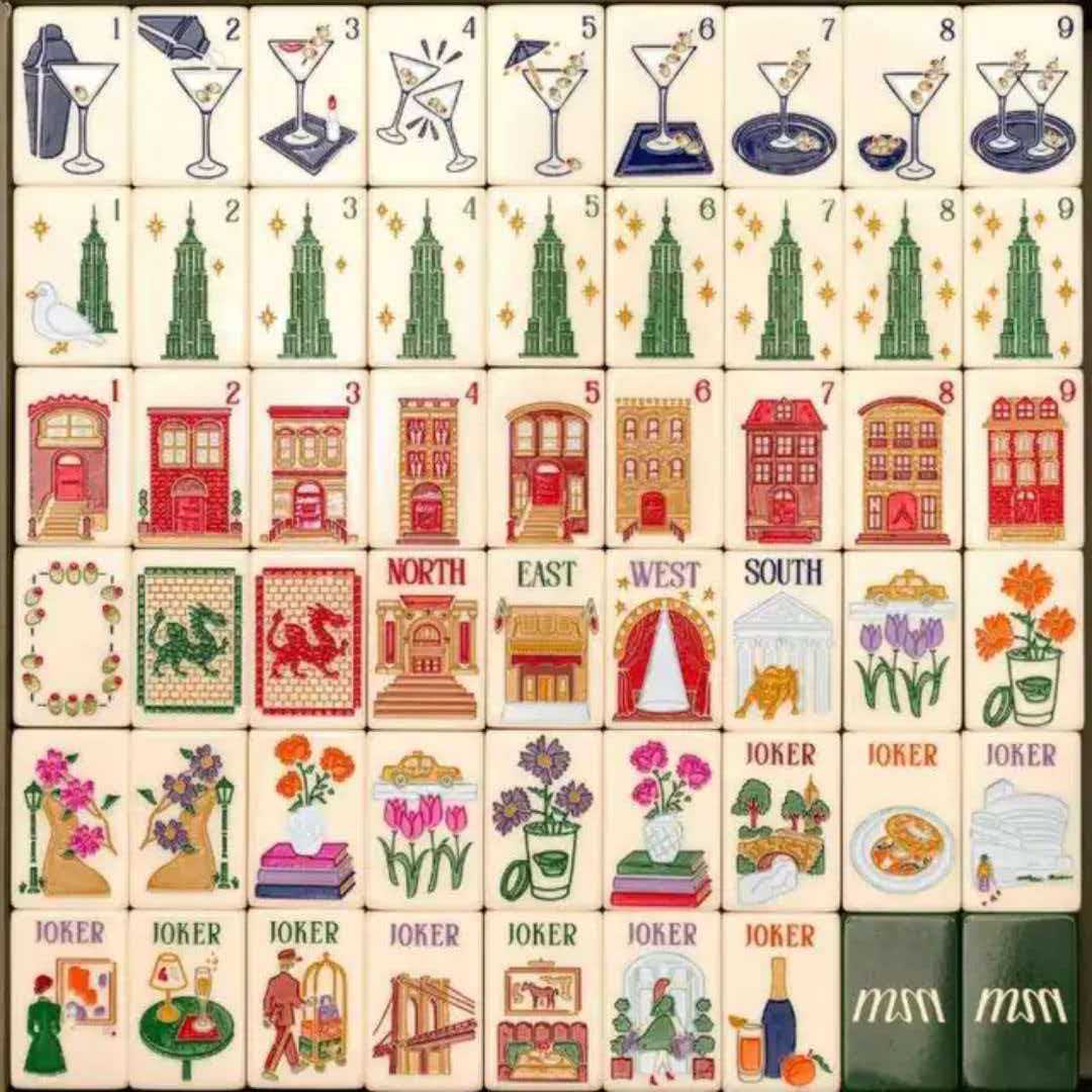 Green New York American mahjong tiles with Empire State Building silhouettes, townhouses and cocktail glasses on cream faces