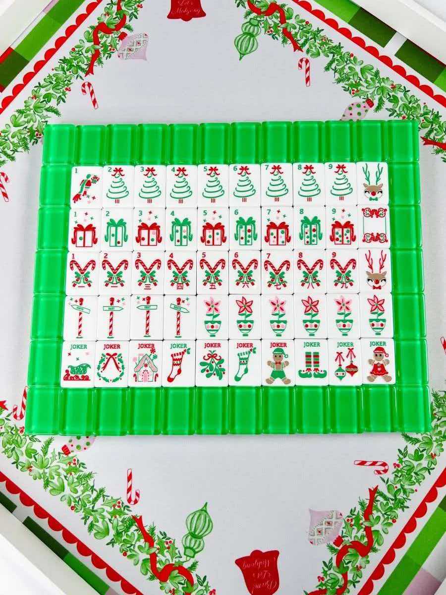 Green Jelly Christmas Mahjong tiles with translucent green backs, red-and-green gift motifs and festive Jokers