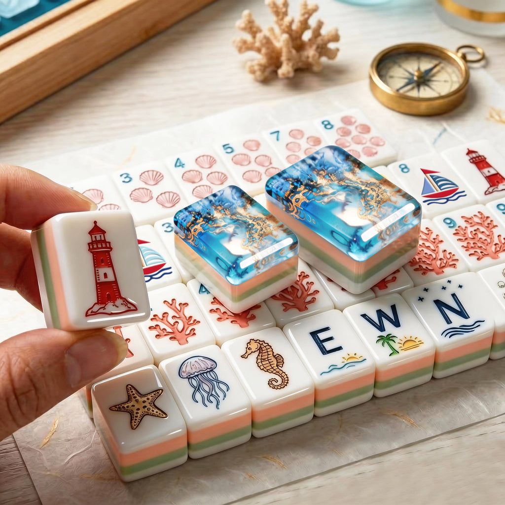 Blue Ocean Lighthouse Coastal Beach American Mahjong Set