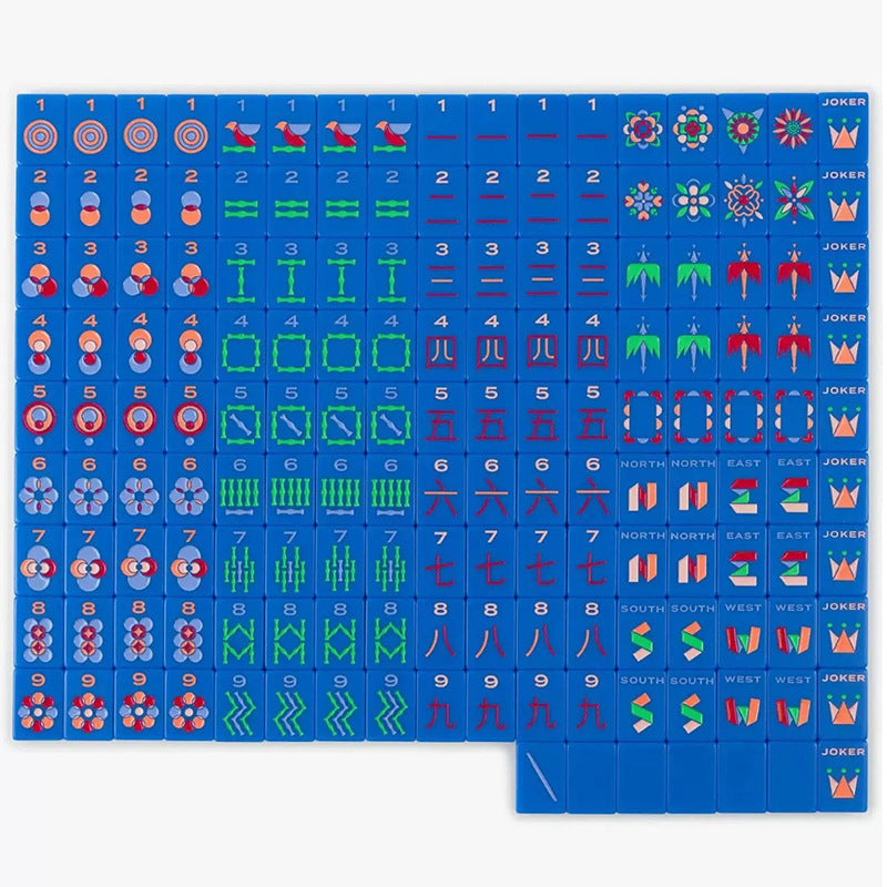 Navy Blue American mahjong tiles with blue faces, green bamboo, colorful circular patterns, flowers and crown Jokers