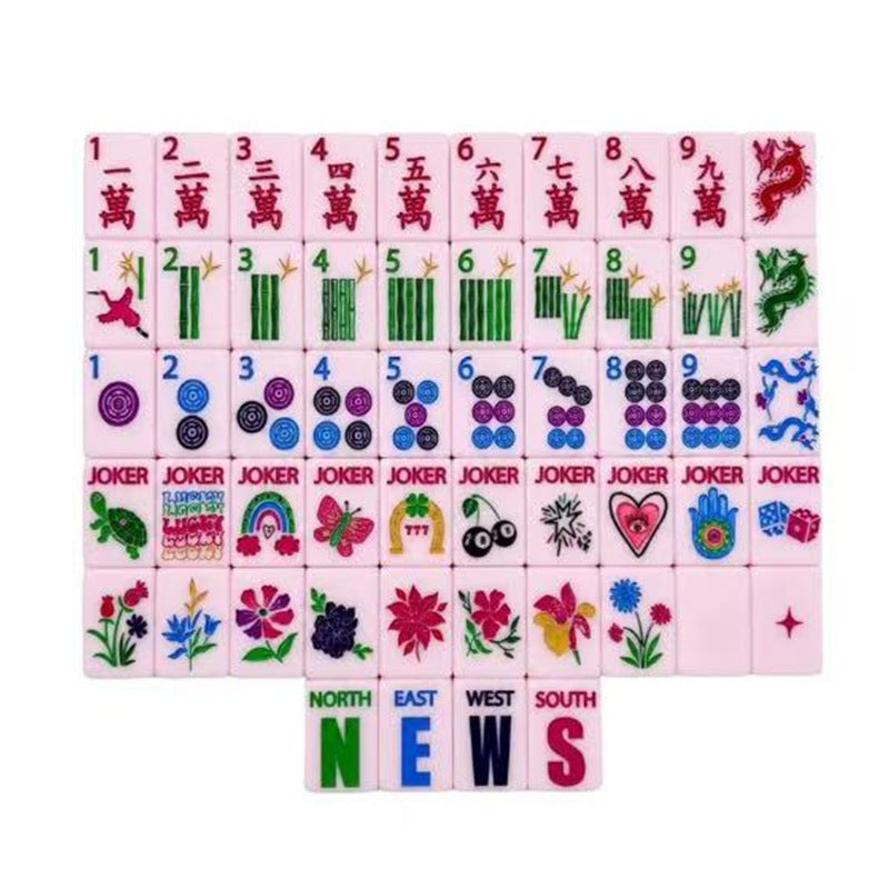 Pink Animal American mahjong tiles with pink faces, red characters, green bamboo, blue dot patterns and illustrated Jokers