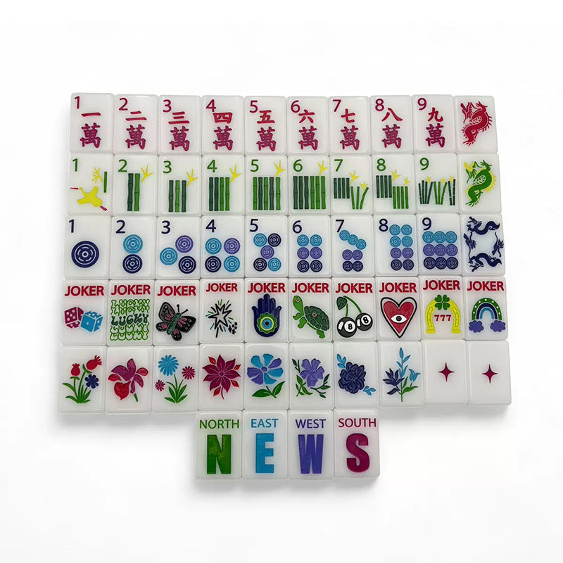 White Animals American mahjong tiles with white faces, red characters, green bamboo, blue dot patterns, flowers and illustrated Jokers