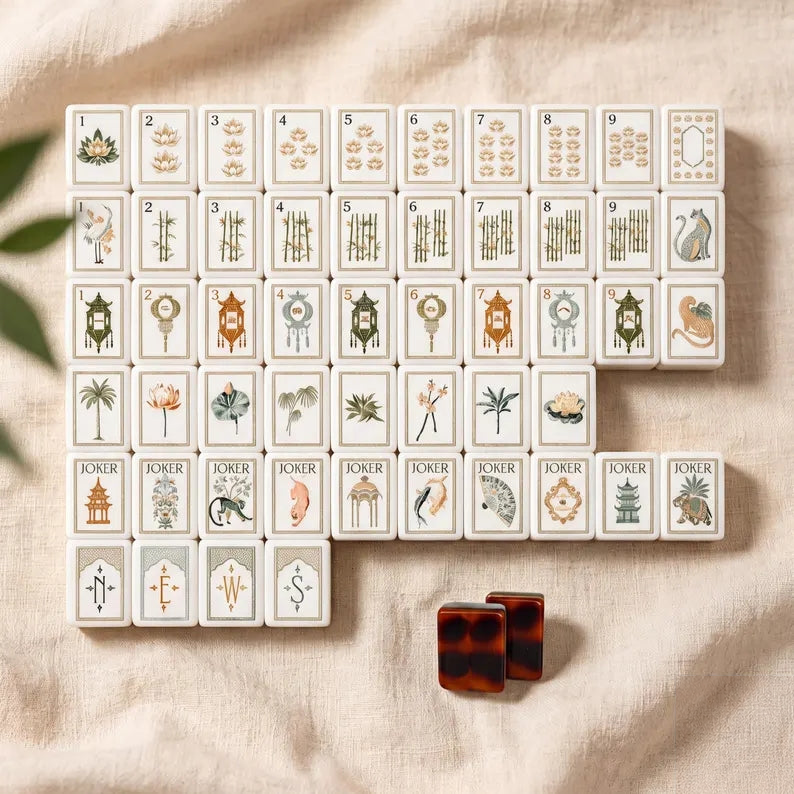Botanical mahjong tile designs and backs