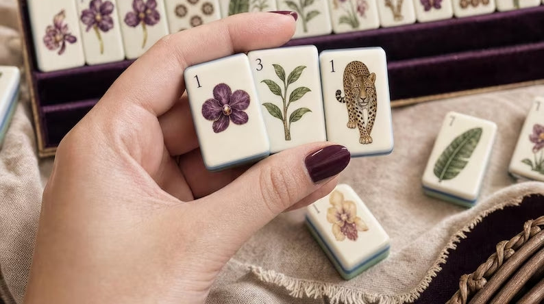 Vintage Orchid Herbarium American Mahjong Set — close-up of tile faces and finish