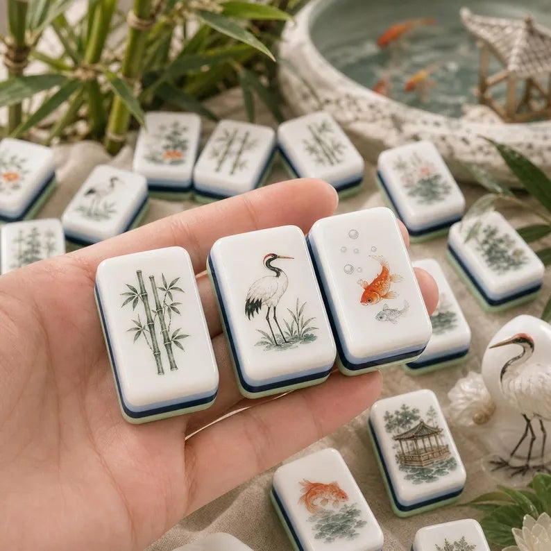 Crane Goldfish Bamboo Garden American Mahjong Set