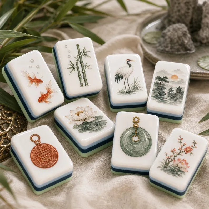 Crane Goldfish Bamboo Garden American Mahjong Set – view 3