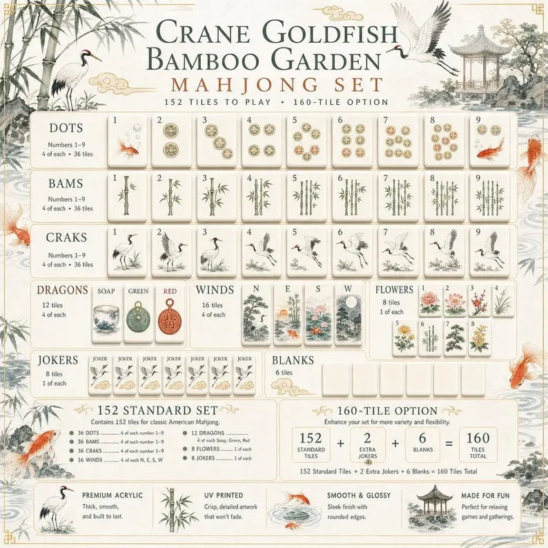 Crane Goldfish Bamboo Garden American Mahjong Set – view 6