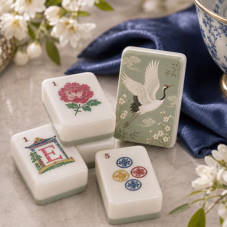 Sage Green Crane American Mahjong Tiles