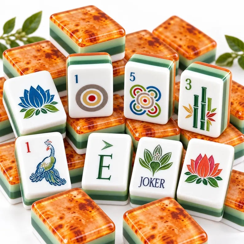 Ivory, Sage Green & Amber Burlwood American Mahjong Set – view 6