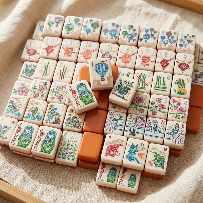 Orange Hot Air Balloon Floral American Mahjong Set – 160 Tiles