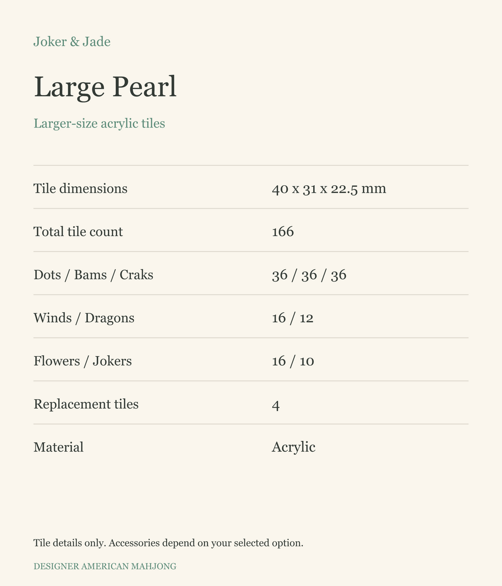 Joker & Jade — Large Pearl tile specifications: 166 tiles, 40 x 31 x 22.5 mm