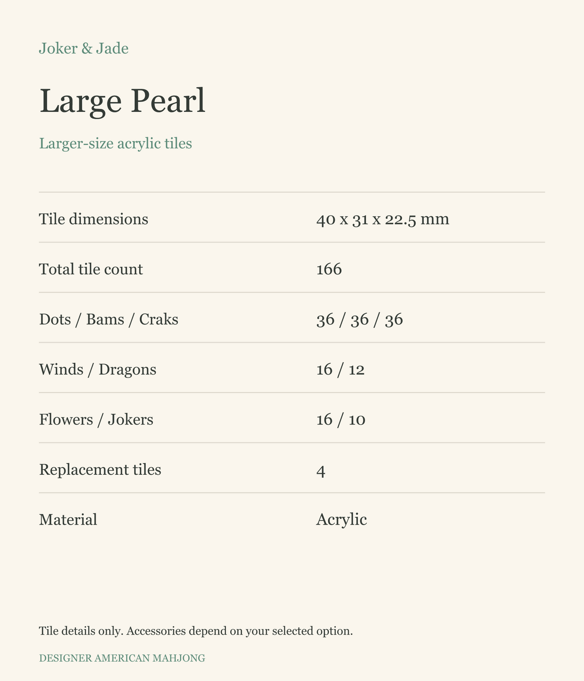 Joker & Jade — Large Pearl tile specifications: 166 tiles, 40 x 31 x 22.5 mm