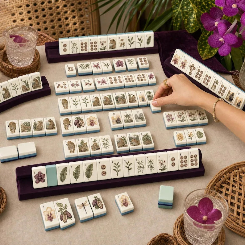 Orchid mahjong tiles shown with racks; racks included with the selected rack option