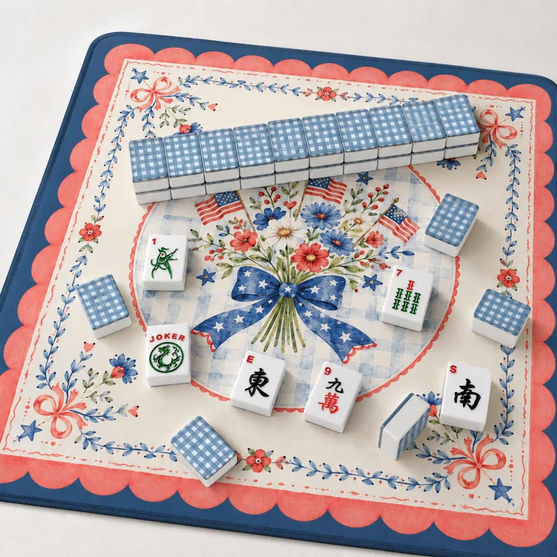 Navy gingham mahjong tiles in a styled setting; decorative mat not included