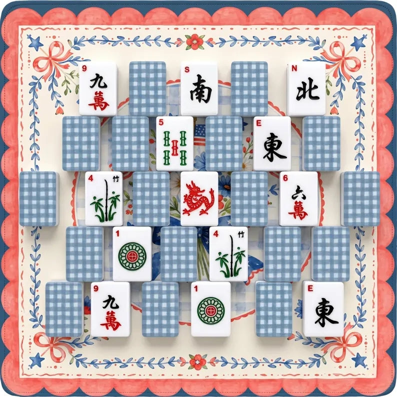 Navy gingham mahjong tiles in a styled setting; decorative mat not included