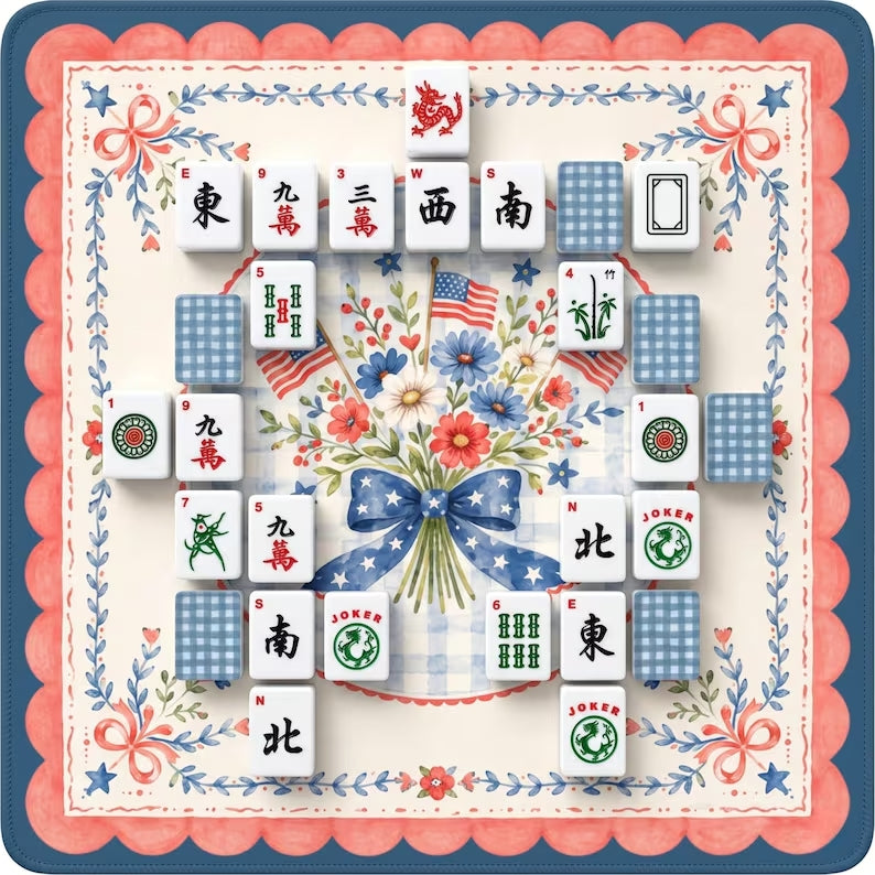 Navy gingham mahjong tiles in a styled setting; decorative mat not included