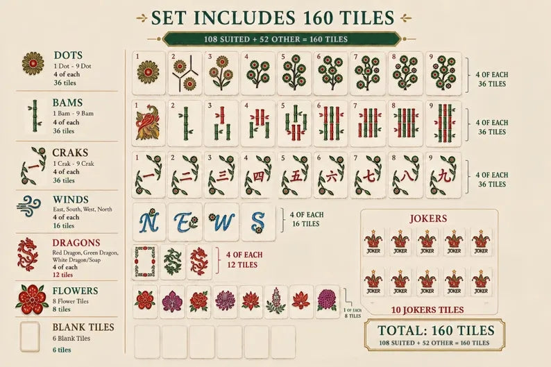 Orange mahjong tile breakdown: 108 suited and 52 other tiles